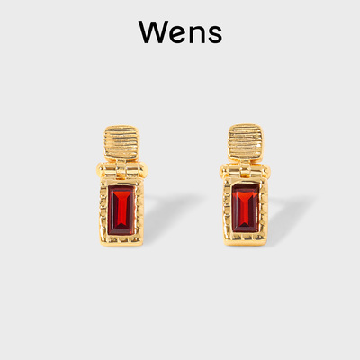 Wens格致系列石榴石方格耳钉