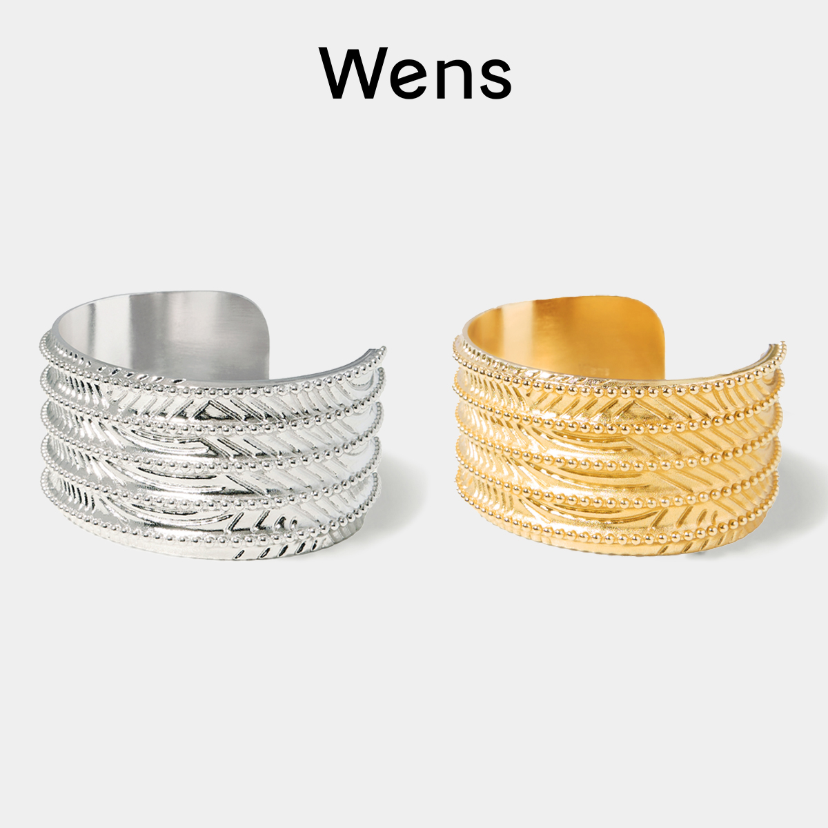 Wens部落系列图腾纹理金属珠珠手镯女开口宽版小众设计感夸张简约