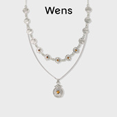 Wens部落系列图腾纹理镶仿绿松石虎眼石金币项链女原创小众镀金