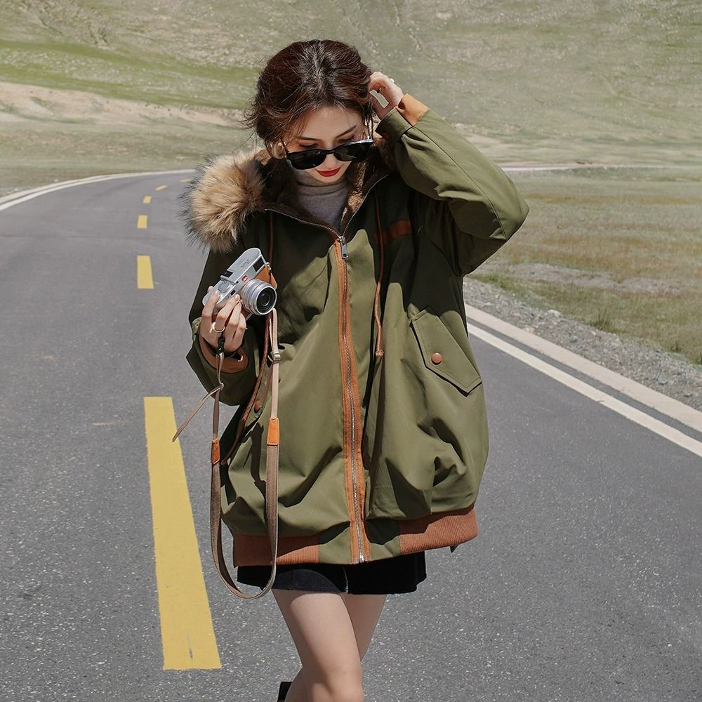 军绿色工装派克棉服女中