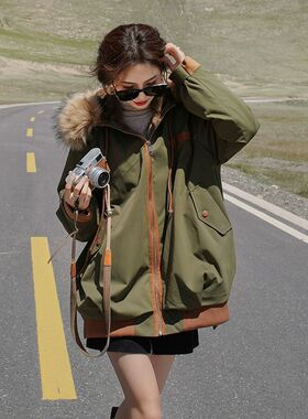 军绿色工装派克棉服女中长款2025新款小个子冬季棉衣加绒加厚外套