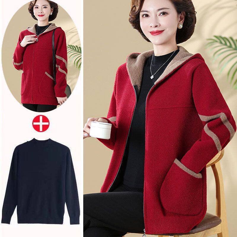 妈妈装2023毛衣外套秋冬大码中年女装加绒加厚连帽双面呢洋气开衫