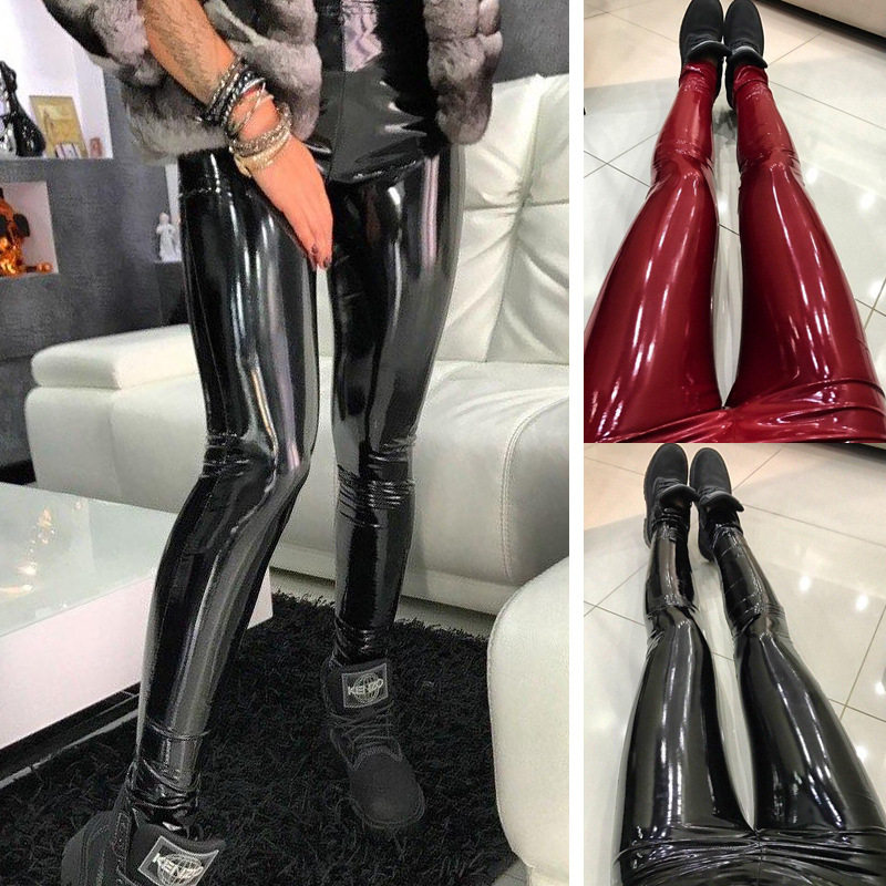 超亮PU紧身性感显瘦镜面漆皮裤朋克高腰红色皮女裤女王油亮打底裤