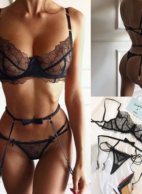 黑色性感蕾丝诱惑文胸内衣套装透视紧身收副乳吊袜带内衣