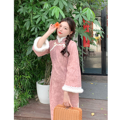 故双栖新款粉色长袖旗袍女新中式