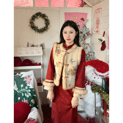 故双栖新中式红色加绒旗袍两件套