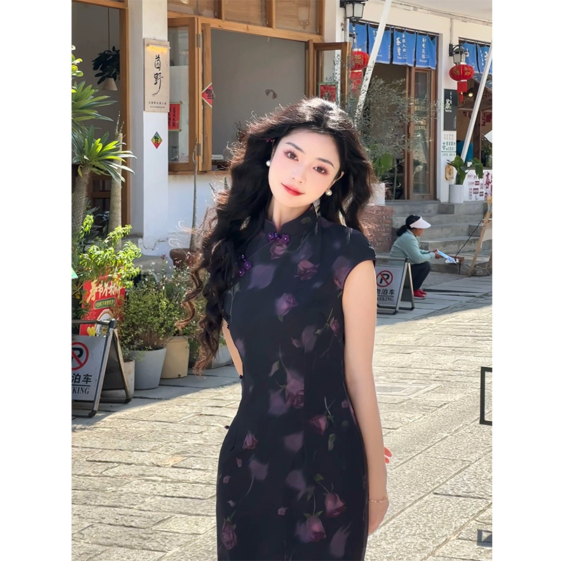 故双栖【余香】黑色新中式绝美气质旗袍女夏季日常复古连衣裙长款
