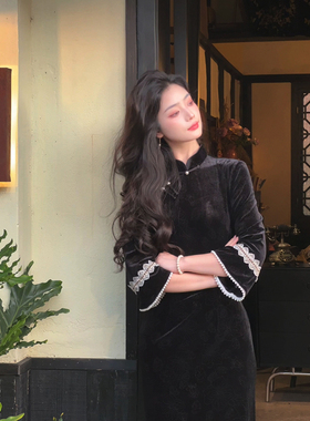 故双栖【子夜歌】新中式黑色改良丝绒气质连衣旗袍女小个子秋冬装