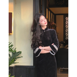 故双栖【子夜歌】新中式黑色改良丝绒气质连衣旗袍女小个子秋冬装