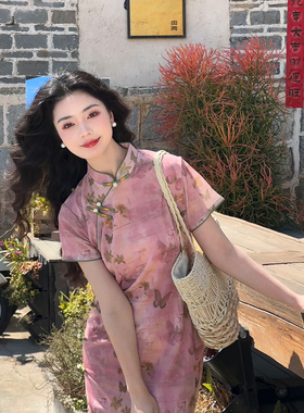 故双栖【粉黛】日常粉色少女旗袍新中式改良年轻款国风连衣裙夏季