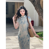故双栖 连衣裙 中式 清梦 古法全开襟素雅小个子旗袍女夏2025新款