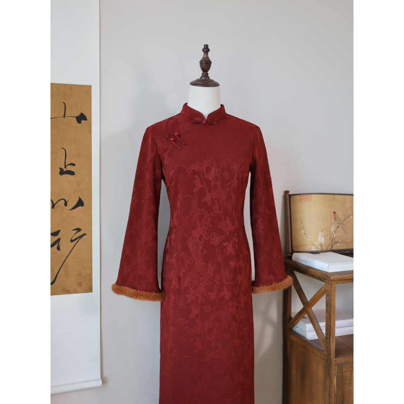 故双栖【知江晚】新中式国风复古红色结婚旗袍女加绒秋冬款拜年服