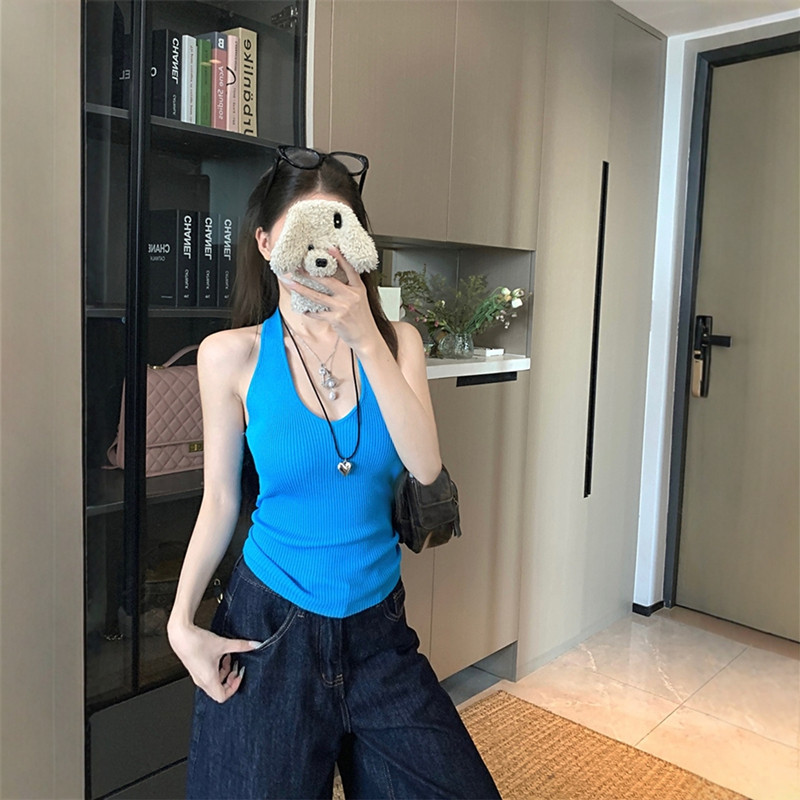 纯欲辣妹蓝色挂颈针织吊带背心女夏季修身遮副乳外穿无袖露背上衣