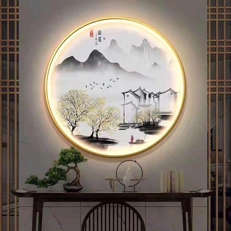 带LED灯新中式玄关装饰画茶室过道客厅卧室餐厅养生山水画楼梯