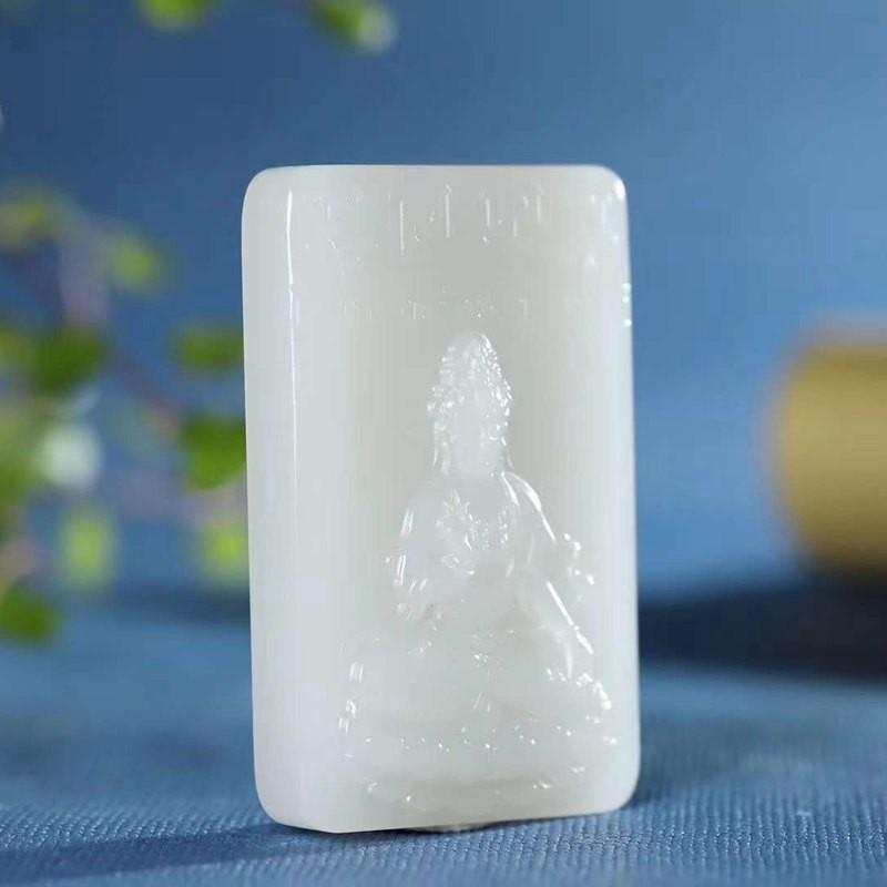 天然新疆和田玉玉器供应链青海料羊脂级白玉莲花观音玉石吊坠带证