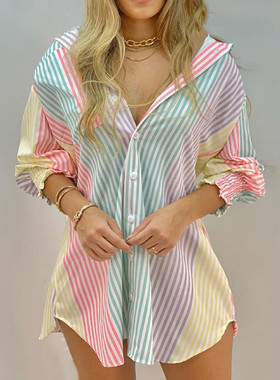 V Neck Beach Cover Up Tops Blouses Shirts纽扣条纹衬衫连衣裙