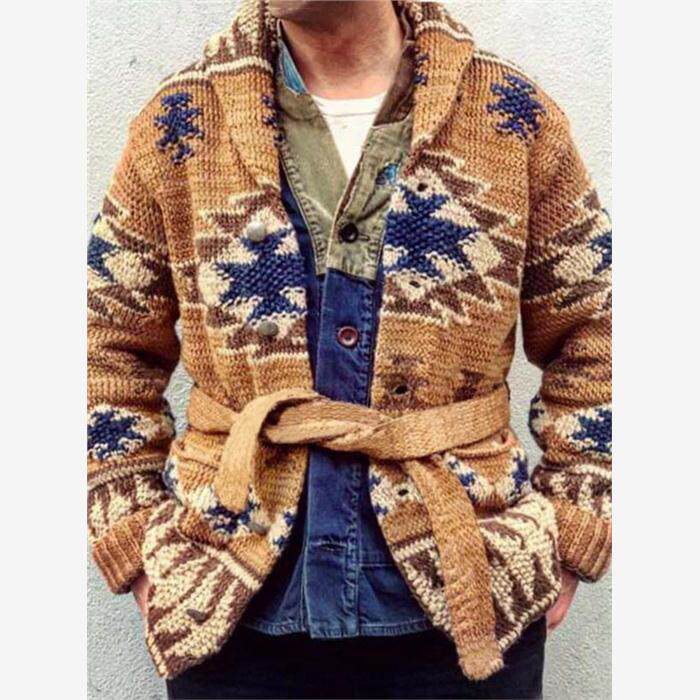2024欧美男士提花毛衣秋冬加厚开系带针织衫外套潮Men's knitwear