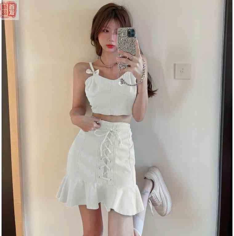 蝴蝶结短款露脐小吊带背心高腰鱼尾半身短j裙两件套女装2021夏季