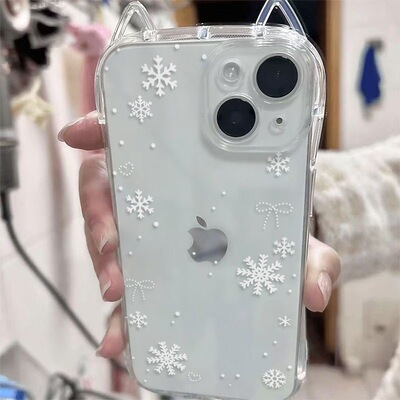 透明可爱猫耳朵雪花蝴蝶结适用于苹果17/17pro透明手机壳iphone15promax简约