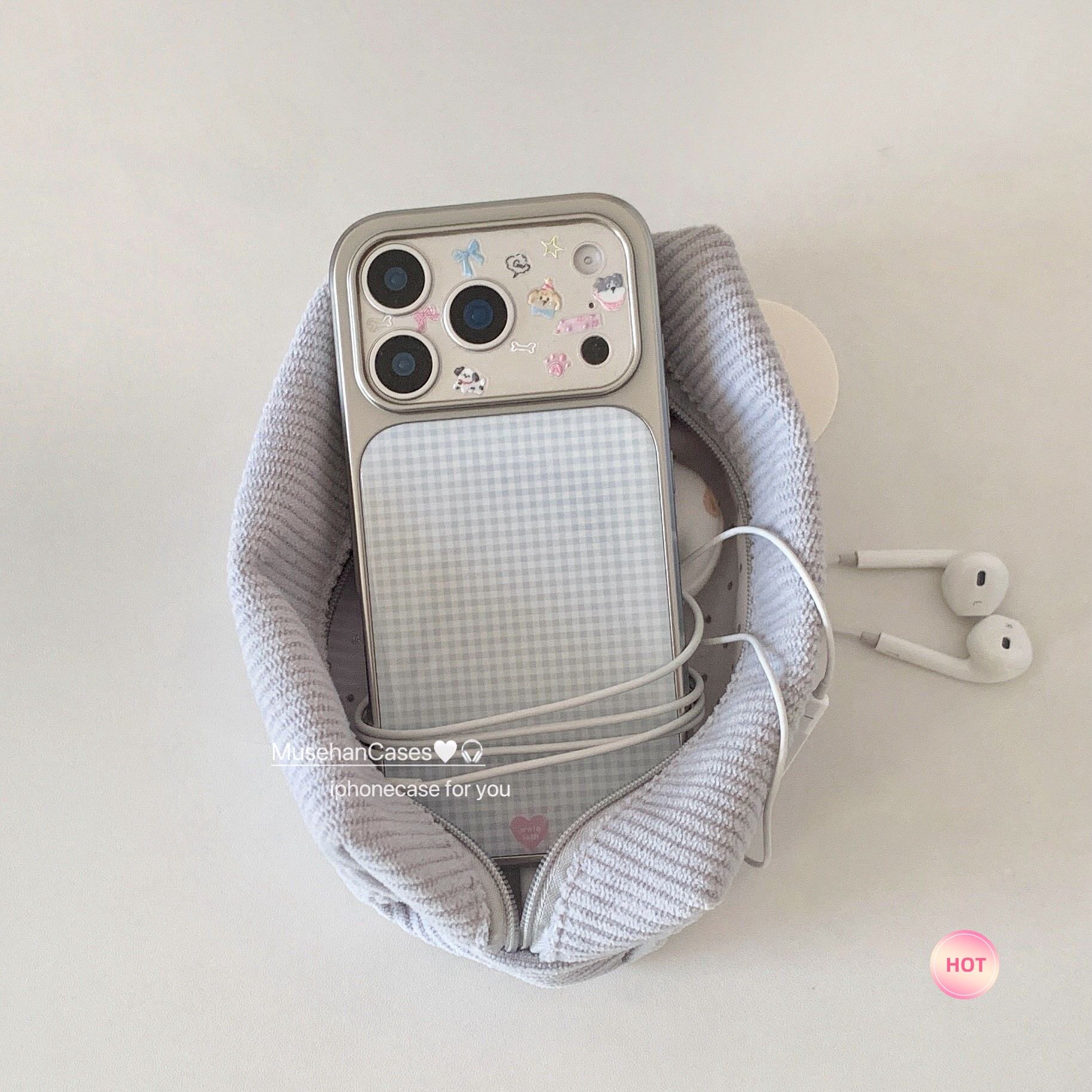 韩系ins复古蓝白格纹古早简约风适用于苹果17ProMax手机壳iPhone小众高级感