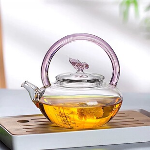 玻璃泡茶壶家用透明手工耐热过滤茶具电陶炉煮茶提梁壶单壶粉蝶壶