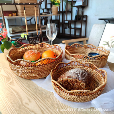 越南藤编手工面包篮水果蔬菜篮家用编织篮食品收纳篮子糖果点心