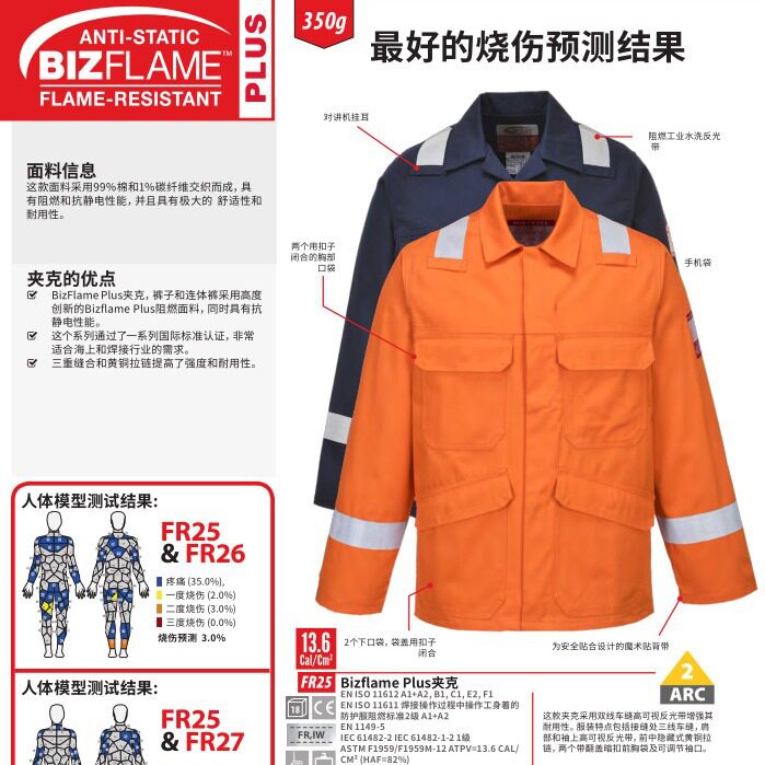 PORTWEST/波伟斯特 FR25阻燃防电弧防静电分体防护服