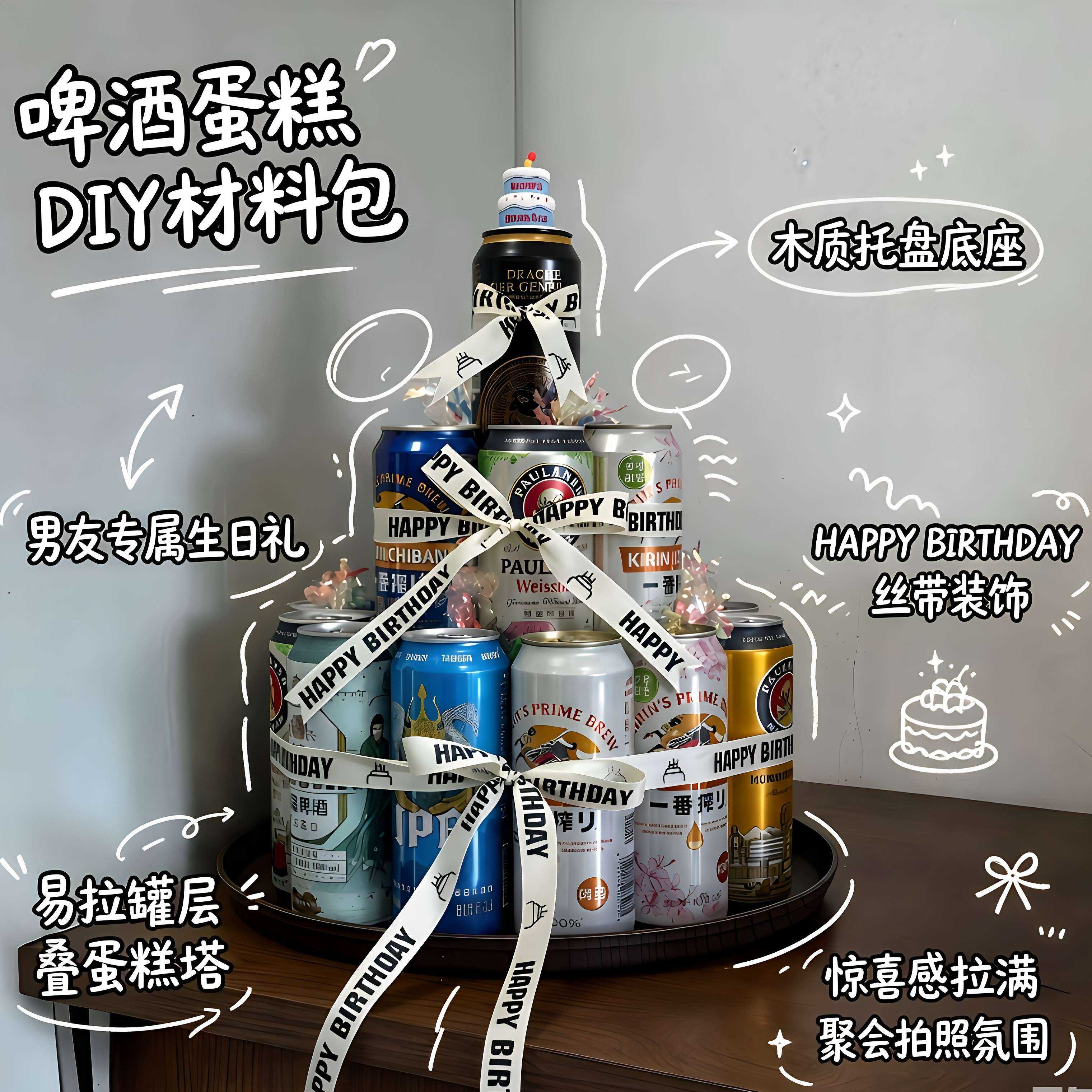 HappyBirthday！啤酒蛋糕DIY材料包拍照道具男友专属生日惊喜装饰