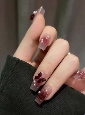 乌梅子酱/爆款红色山茶花美甲成品显白蝴蝶玫瑰花朵手工穿戴甲