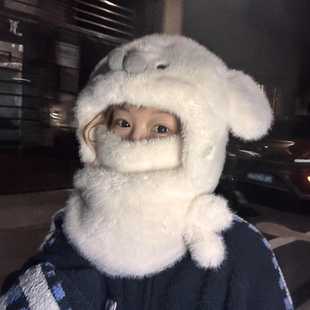 海豹毛绒帽子围巾一体冬加厚保暖防风骑行护耳东北零下防寒雷锋帽