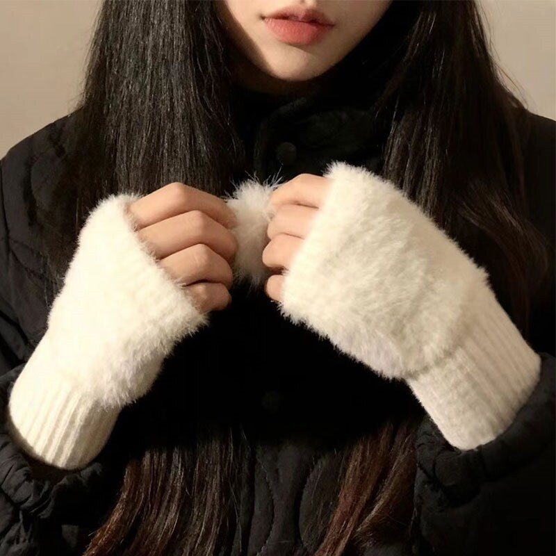 白色半指毛绒手套女生冬毛茸茸针织保暖加绒露指学生写字半截手套