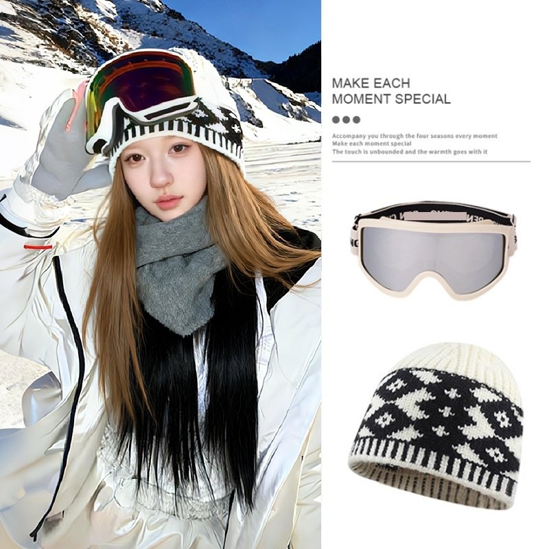 包头针织帽女款2025新款秋冬户外登雪山滑雪防寒保暖毛线帽护目镜