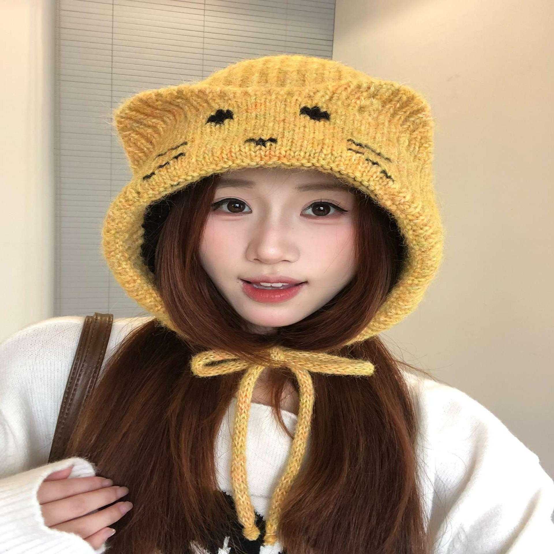 韩系可爱卡通猫耳系带针织帽女秋冬保暖护耳帽子百搭显脸小毛线帽