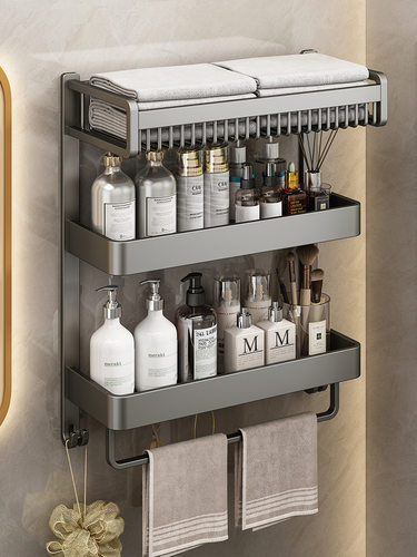 毛巾架卫生间免打孔置物架一体浴室厕所壁挂式浴巾架卫浴架子挂杆