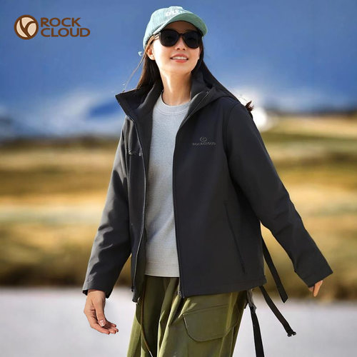 RockCloud岩云新品原创山系纯色连帽防泼水透气软壳冲锋衣女