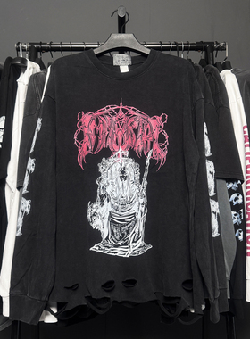 孤品手工！Gorgoroth Mayhem Marduk Vintage不朽王座破洞长袖T恤