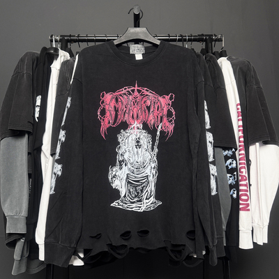 孤品手工！Gorgoroth Mayhem Marduk Vintage不朽王座破洞长袖T恤