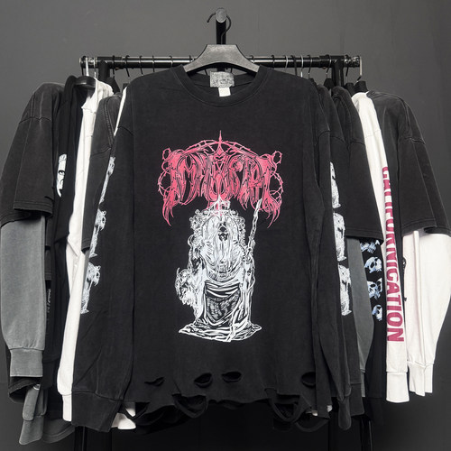 孤品手工！Gorgoroth Mayhem Marduk Vintage不朽王座破洞长袖T恤