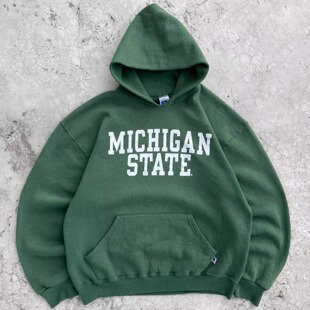 美式重磅vintage复古MICHIGAN STATE密歇根立大学宽松连帽卫衣