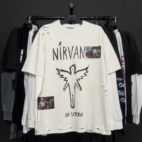 孤品手工！NIRVANA涅槃美国摇滚乐队贴布破洞真两件破坏长袖T恤男