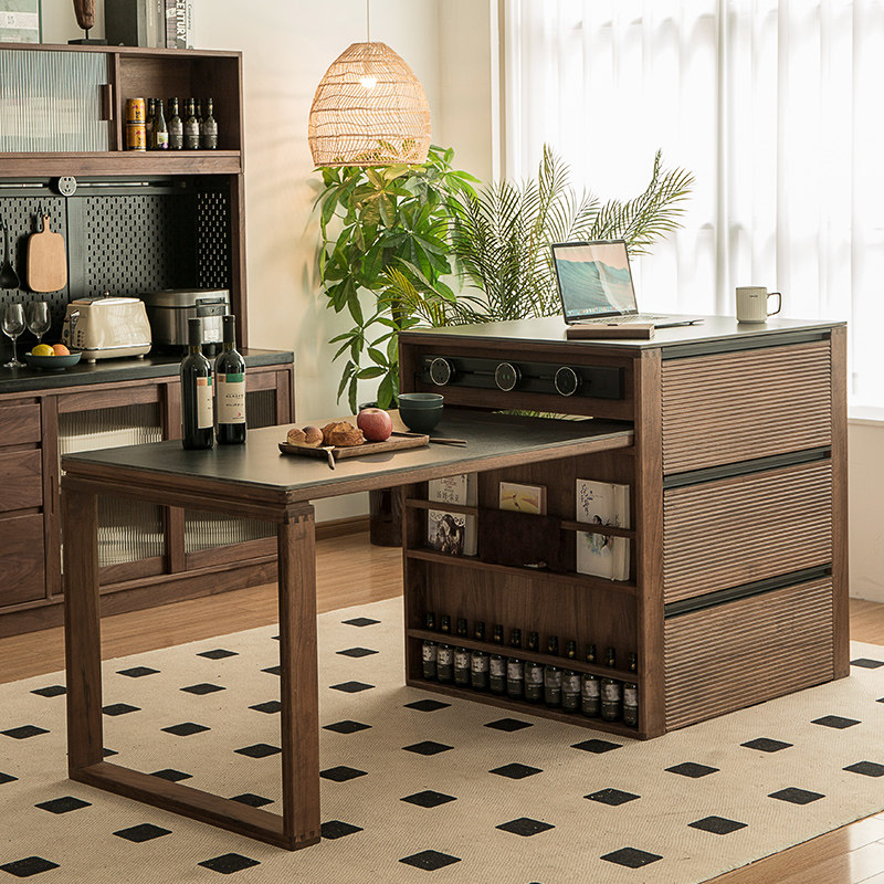 北美黑胡桃实木家用岛台餐桌一体可伸缩小户型厨房餐厅单独储物柜