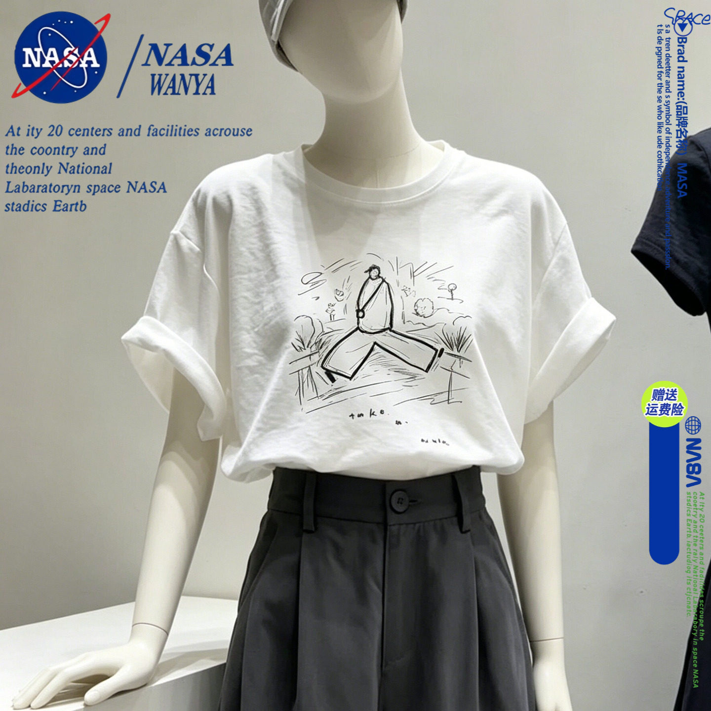 NASA品牌联名设计感圆领独特别致简约小人印花短袖T恤女2026夏季