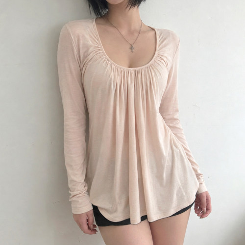 裸粉大U领长袖T恤女显瘦垂感