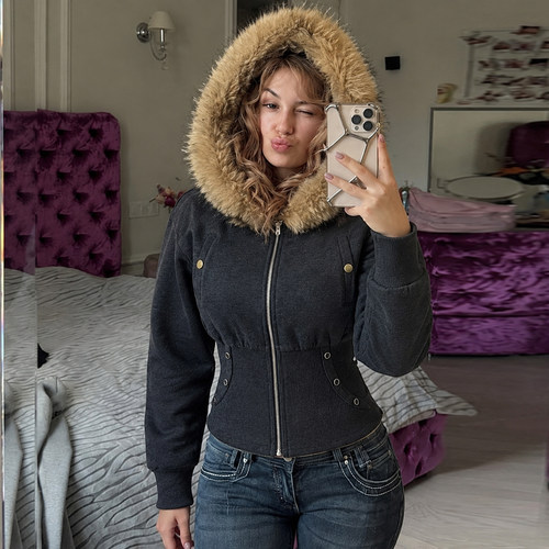 高街灰色仿皮草大毛领拉链夹克