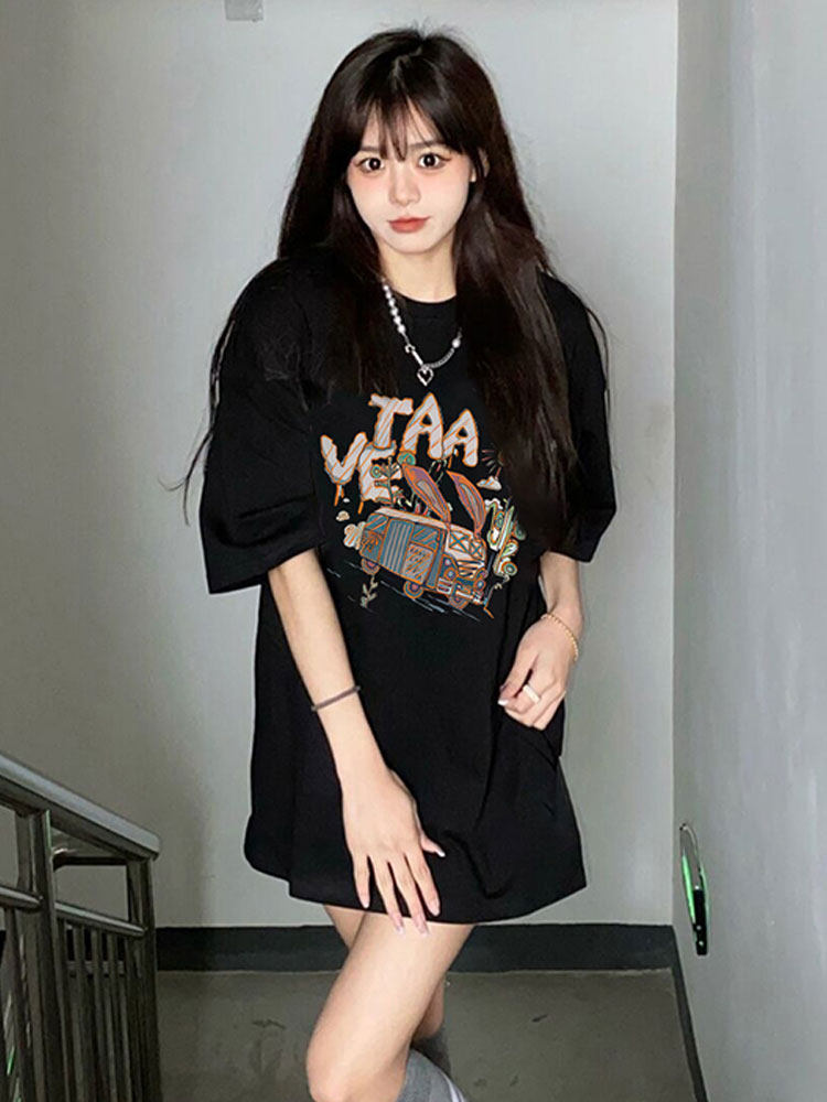 AMERICAN RETRO SHOULDER BLACK SHORT SLEEVE T-SHIRT WOMENS SUMMER 2024 NEW DESIGN SENSE NICHE LOOSE MIDI TOP