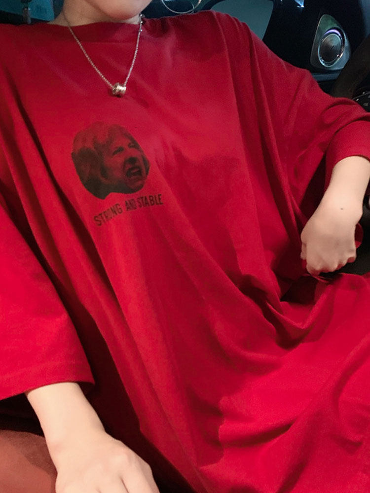 RED LARGE LOOSE T-SHIRT WOMENS COTTON LAZY TREND 2024 SUMMER PLUS SIZE HALF SLEEVE SHORT SLEEVE T-SHIRT TOP