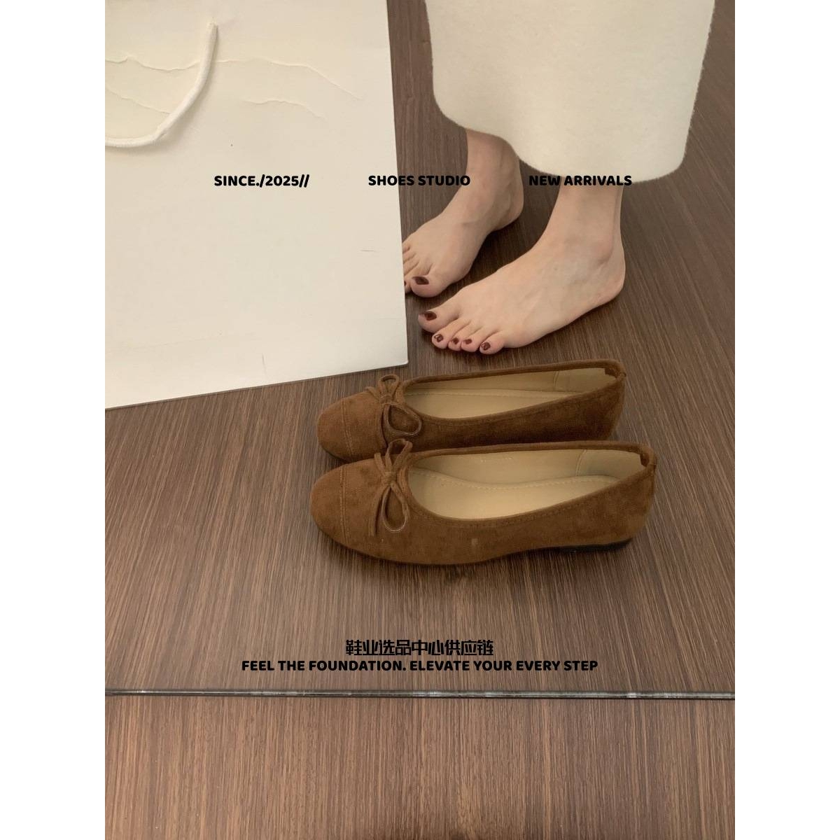 晋江乐城体育女鞋复古百搭晚晚风蝴蝶结浅口豆豆鞋一脚蹬平底芭鞋