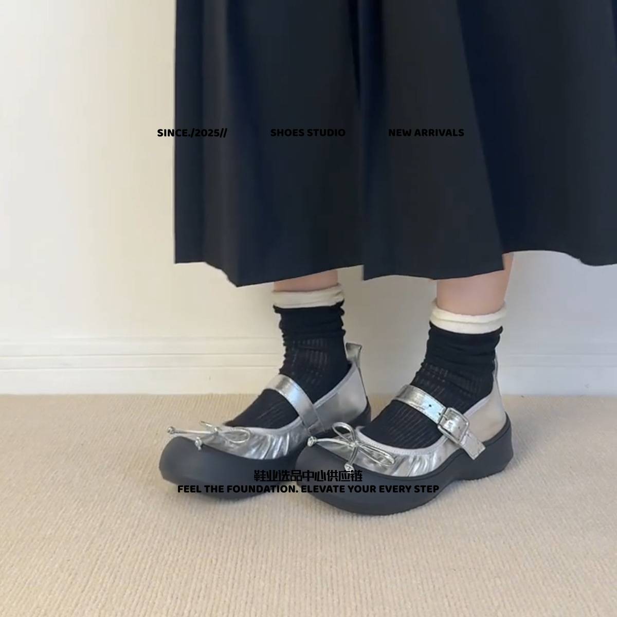 福建晋江高端女鞋复古芒果头浅口小单鞋女蝴蝶结一字扣厚底珍鞋