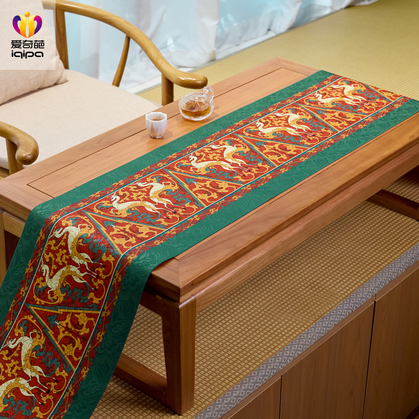 爱奇葩 原创瑞鹿呈祥中式桌旗茶席茶桌垫布轻奢高端茶旗茶台桌布