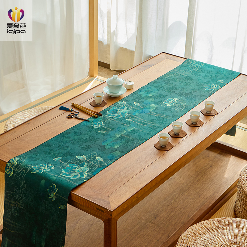 爱奇葩 原创绿墨荷香中式禅意桌旗茶席云纱防水茶台茶桌垫布桌布